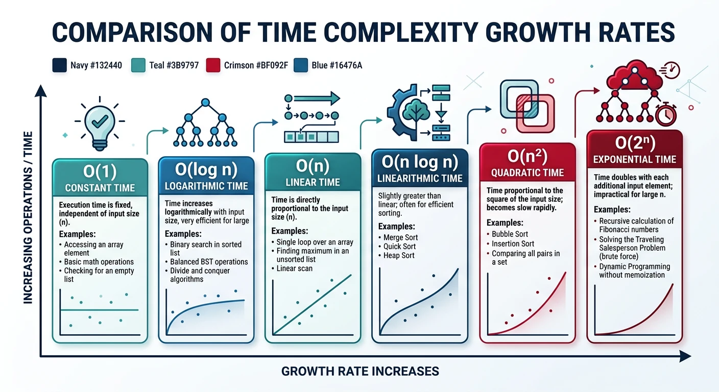 Chart comparing time complexity growth rates from O(1) constant to O(2^n) exponential, showing how operations scale with input size