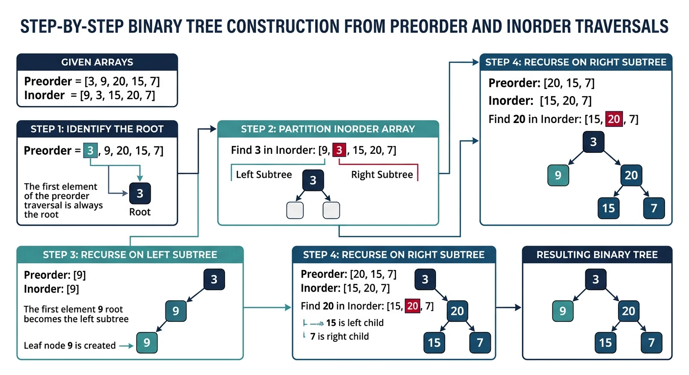 Step-by-step tree construction from preorder and inorder traversal arrays