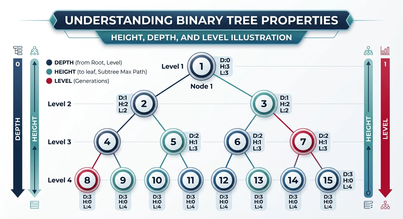Binary tree with height, depth, and level annotations for each node