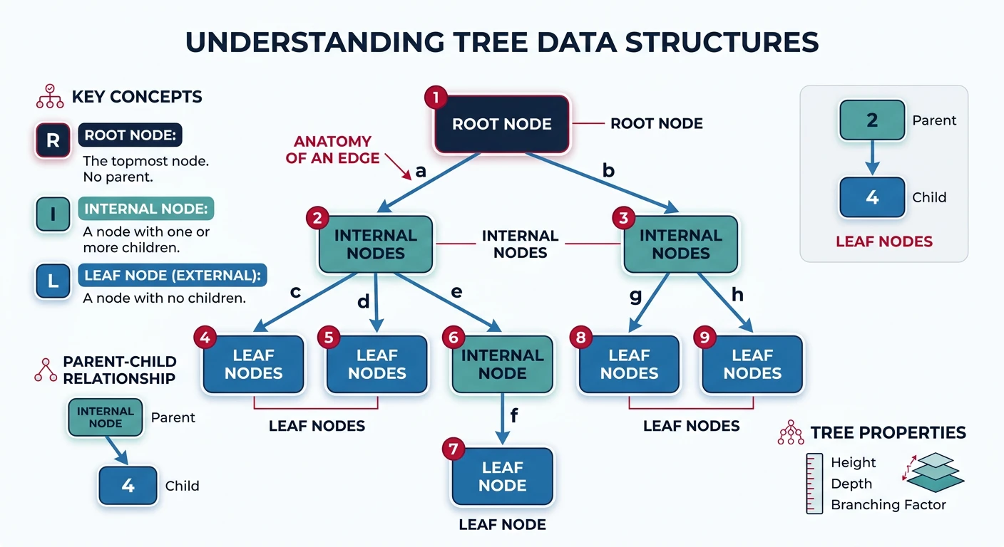 Tree data structure showing root, internal nodes, and leaf nodes with labeled edges