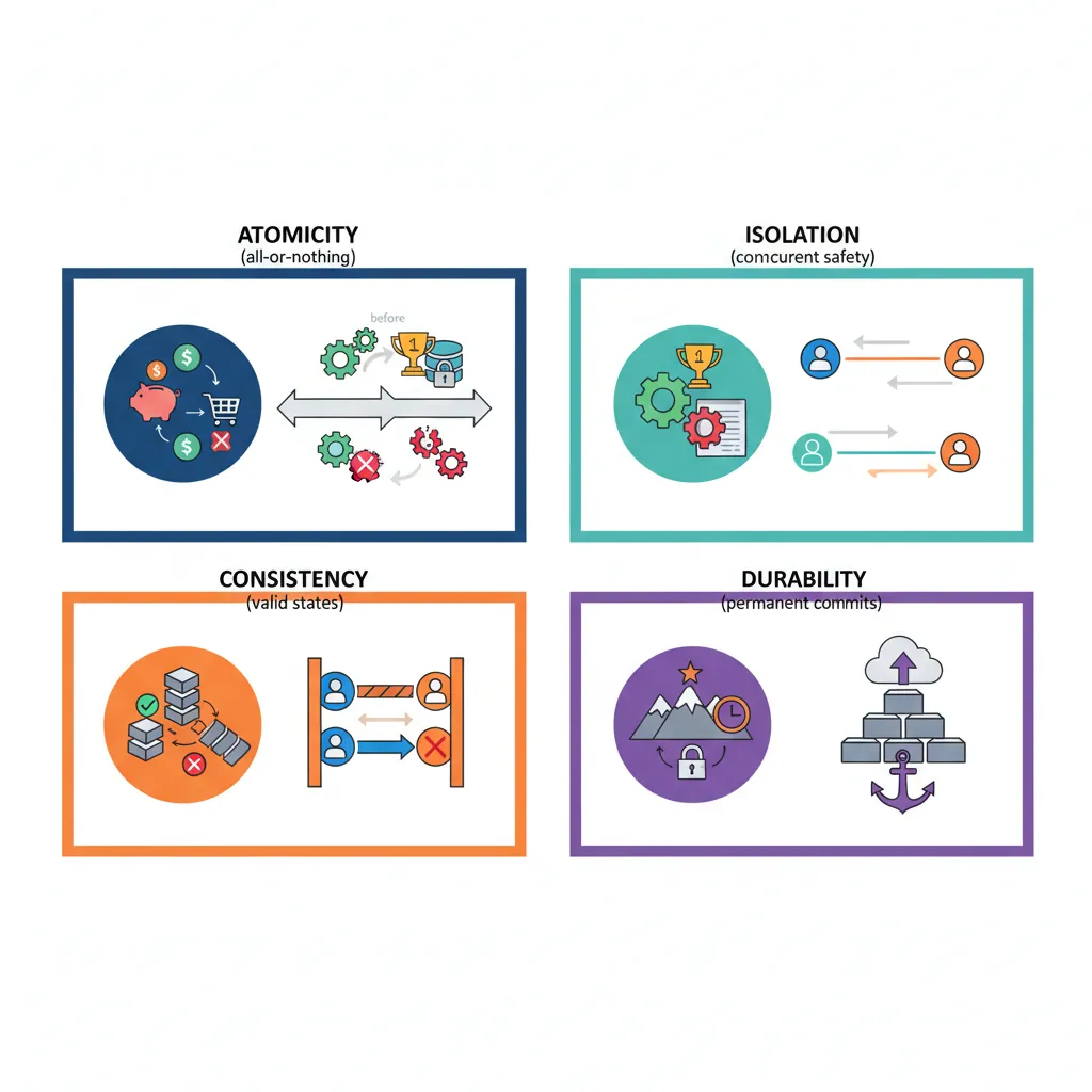 Four pillars diagram showing ACID properties: Atomicity, Consistency, Isolation, Durability
