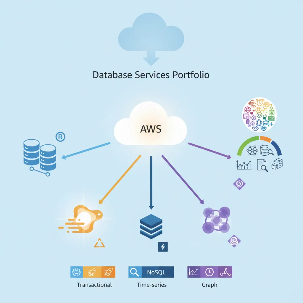 AWS database service portfolio showing RDS, Aurora, DynamoDB, and specialty database options