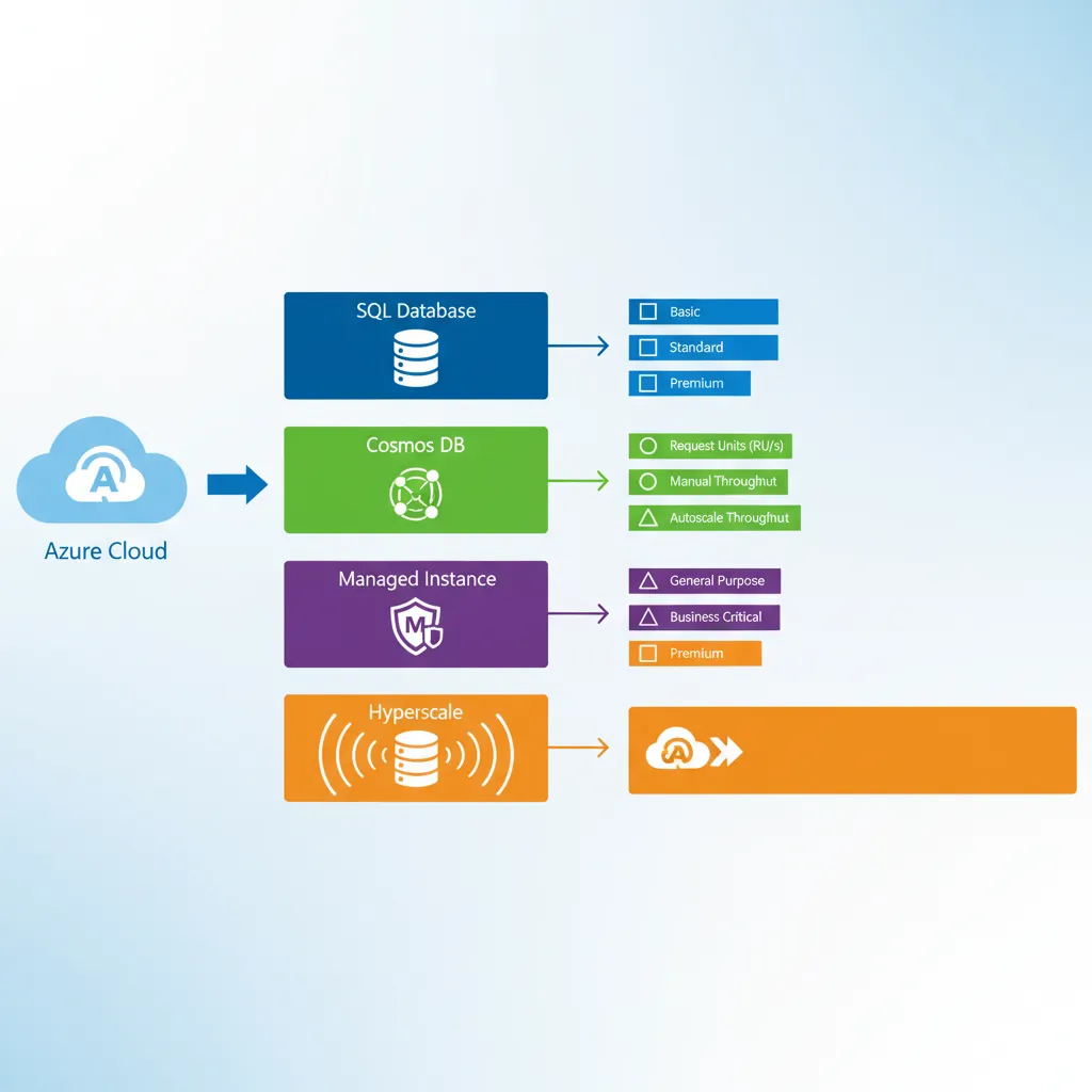 Azure database deployment options including SQL Database, Cosmos DB, and managed instances