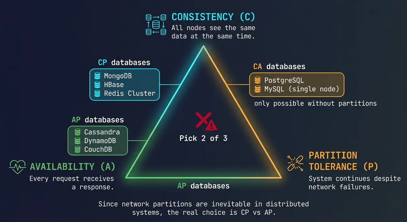CAP theorem triangle showing Consistency, Availability, and Partition Tolerance tradeoffs with database examples