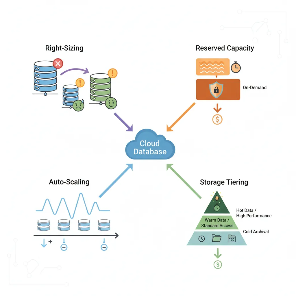 Cost optimization strategies for cloud databases including right-sizing, reserved instances, and auto-scaling