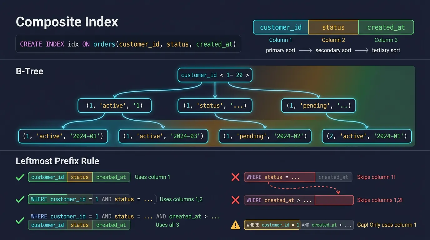 B-tree diagram showing composite index column ordering and the leftmost prefix rule for query matching