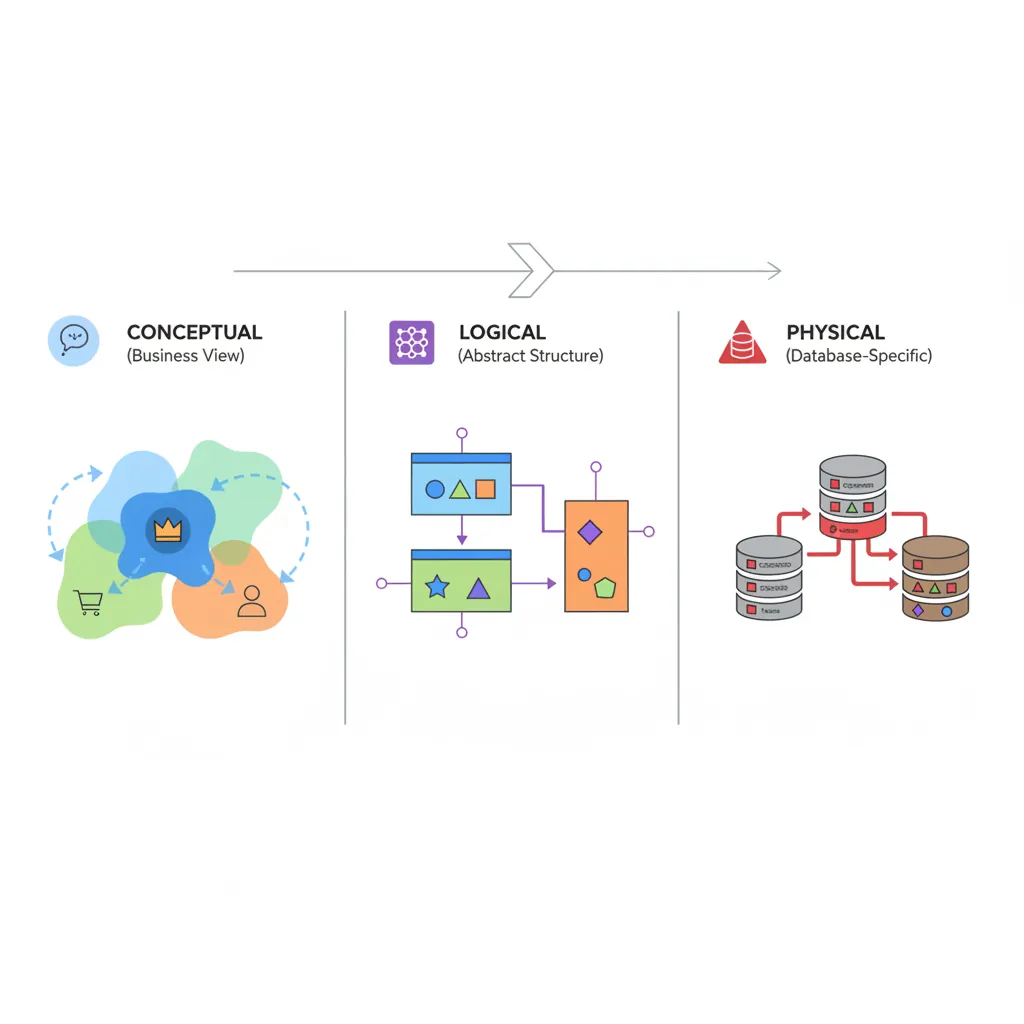 Three-tier data modeling progression from conceptual to logical to physical model