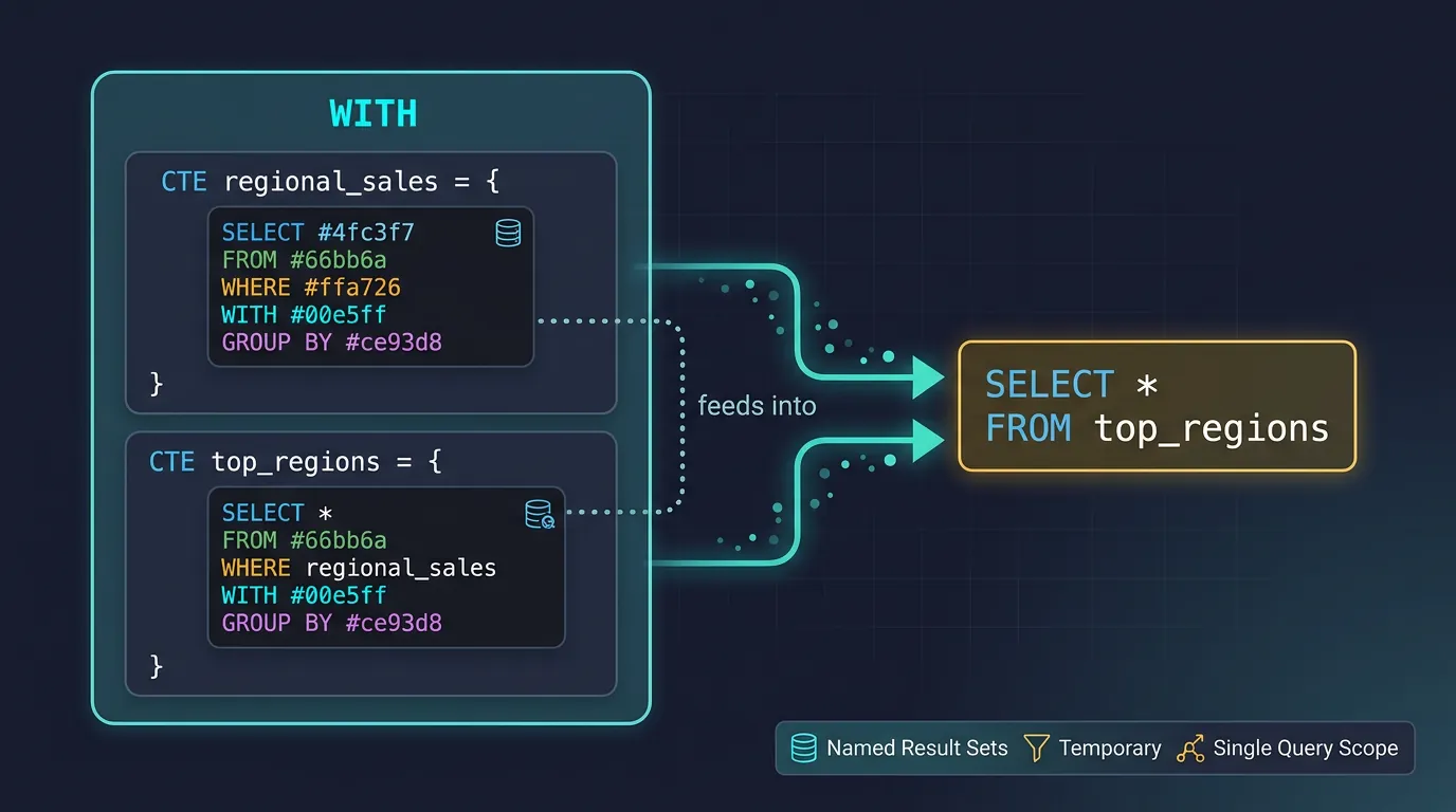 Flowchart showing CTE execution: WITH clause defines named result sets chained together before the main SELECT