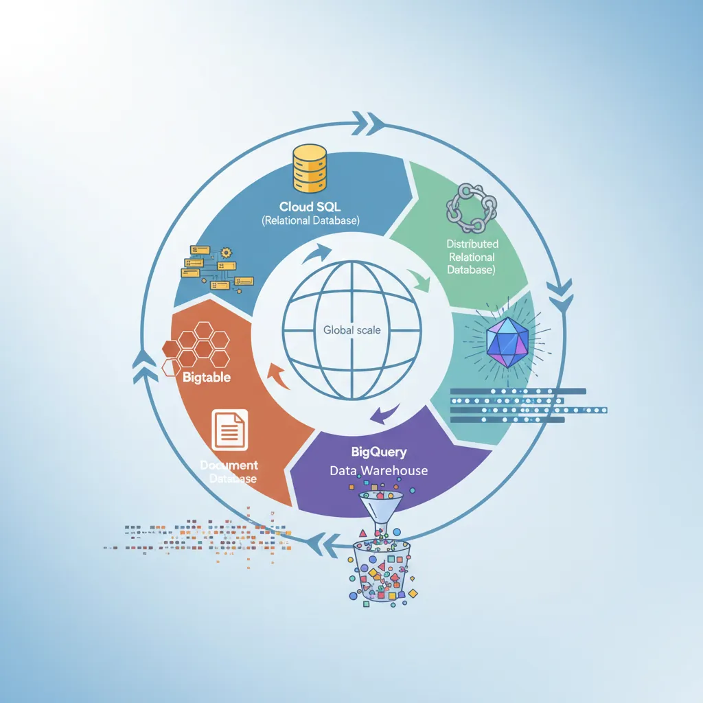 Google Cloud Platform database ecosystem spanning Cloud SQL, Spanner, BigQuery, and Firestore