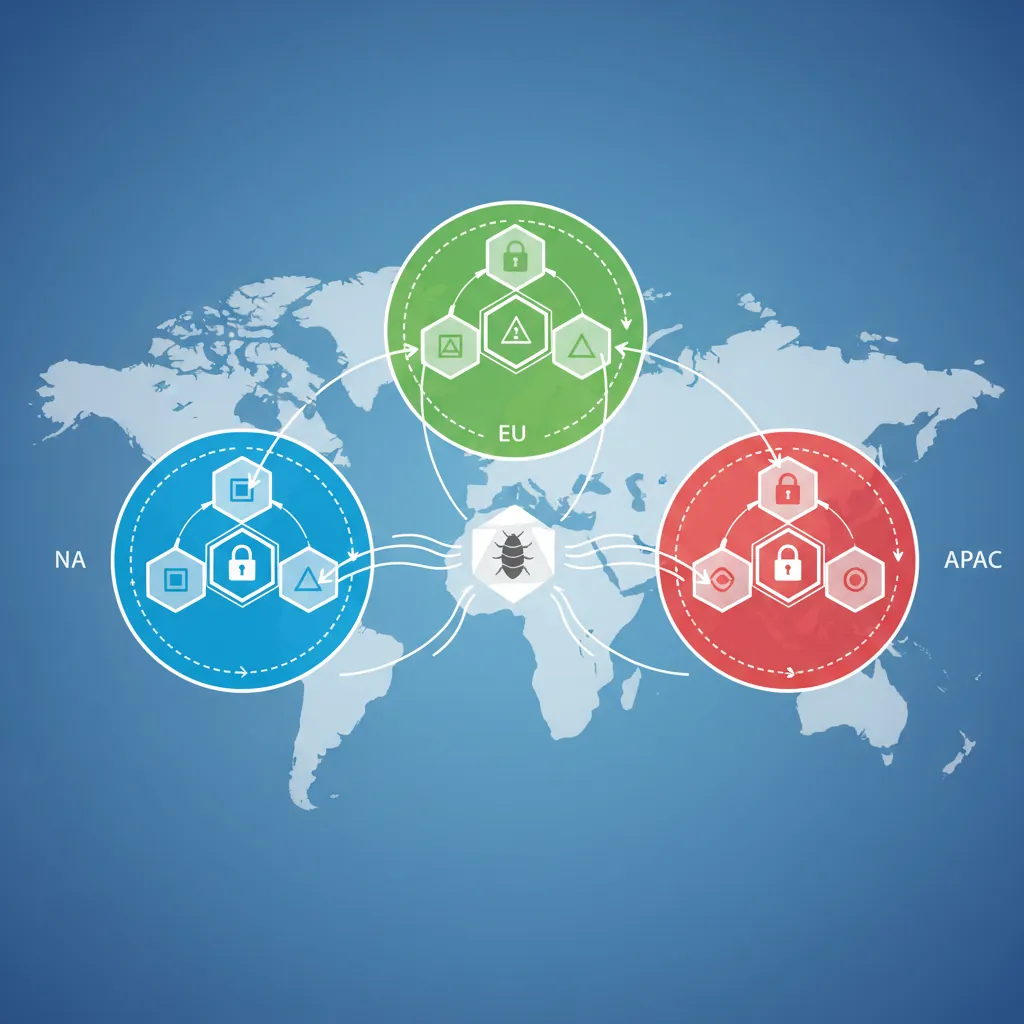 Global distributed database multi-region topology with CockroachDB across NA, EU, and APAC