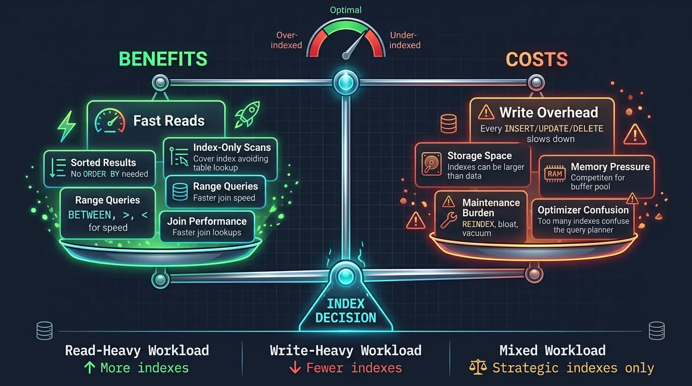 Balance scale showing index benefits (fast reads) vs costs (write overhead, storage, memory, maintenance)