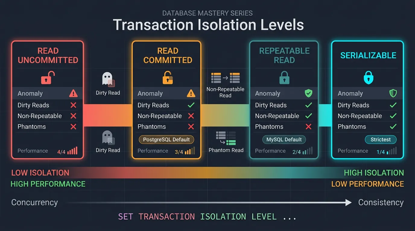 Spectrum diagram showing four isolation levels from Read Uncommitted to Serializable with anomaly prevention
