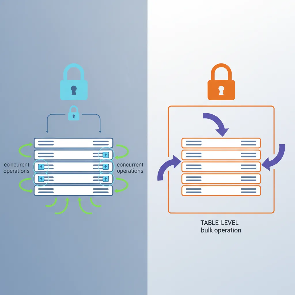Diagram comparing row-level and table-level locks with shared and exclusive lock compatibility
