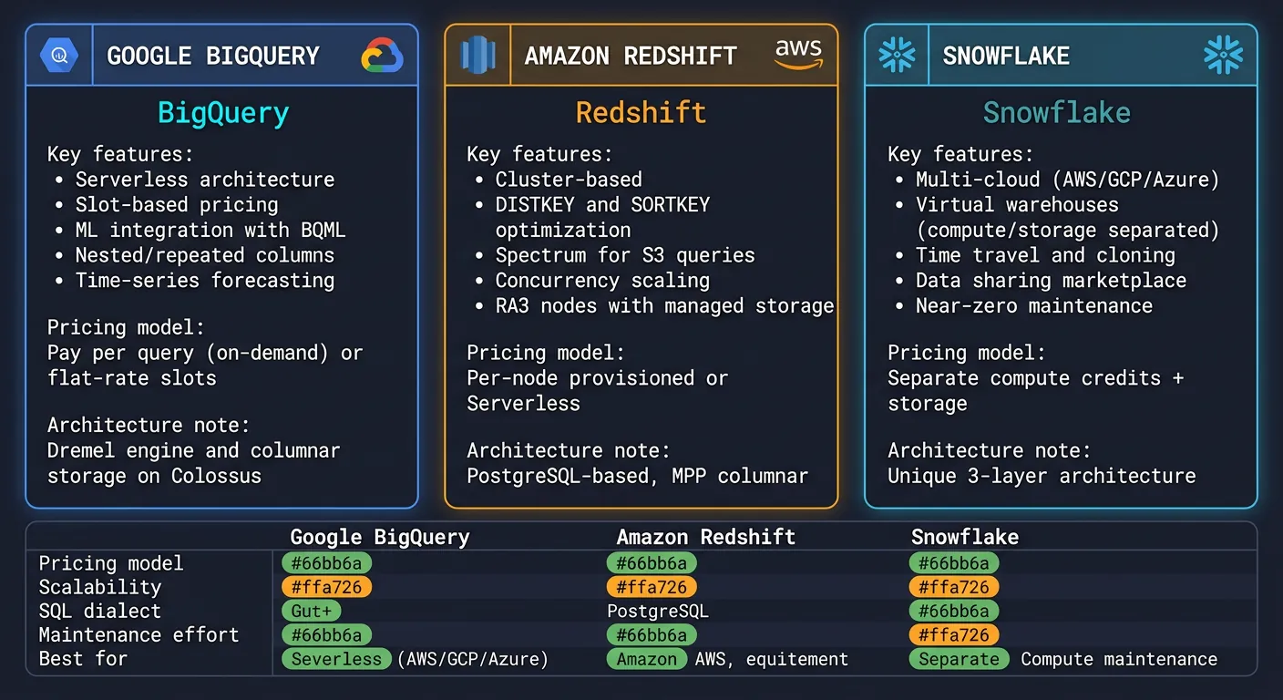 Modern cloud analytics platforms comparing BigQuery, Redshift, and Snowflake capabilities