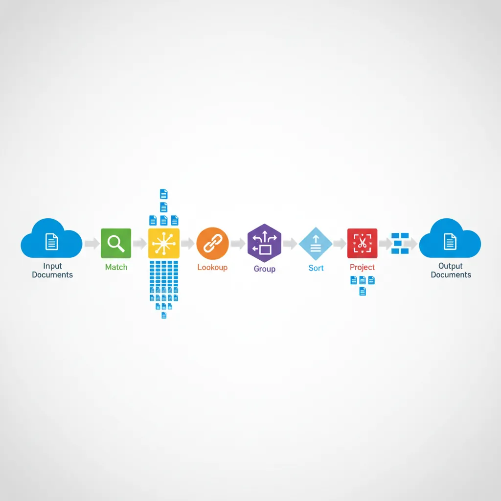 MongoDB aggregation pipeline stages showing match, unwind, lookup, group, sort, and project transformations