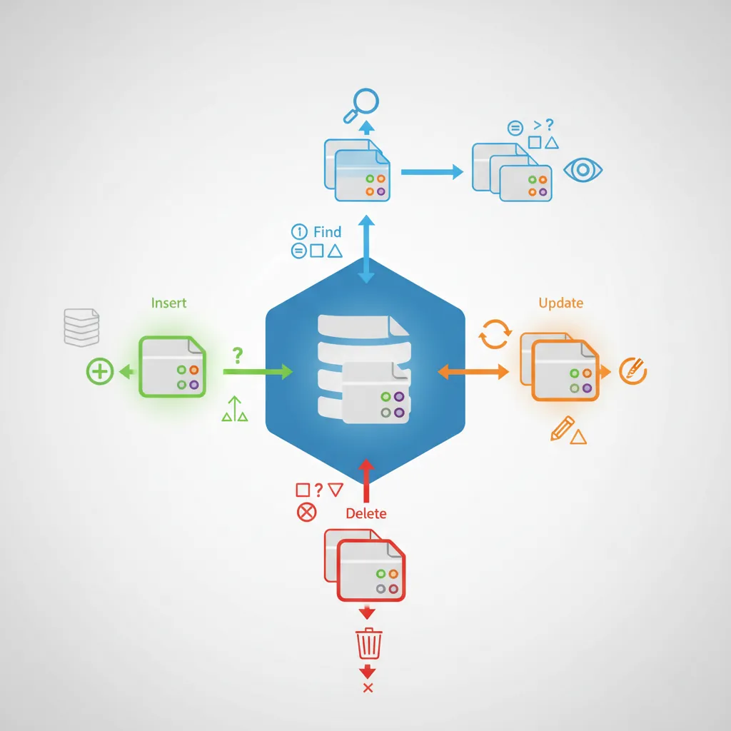 MongoDB CRUD operations flow showing insertOne, find, updateOne, and deleteOne with query filters