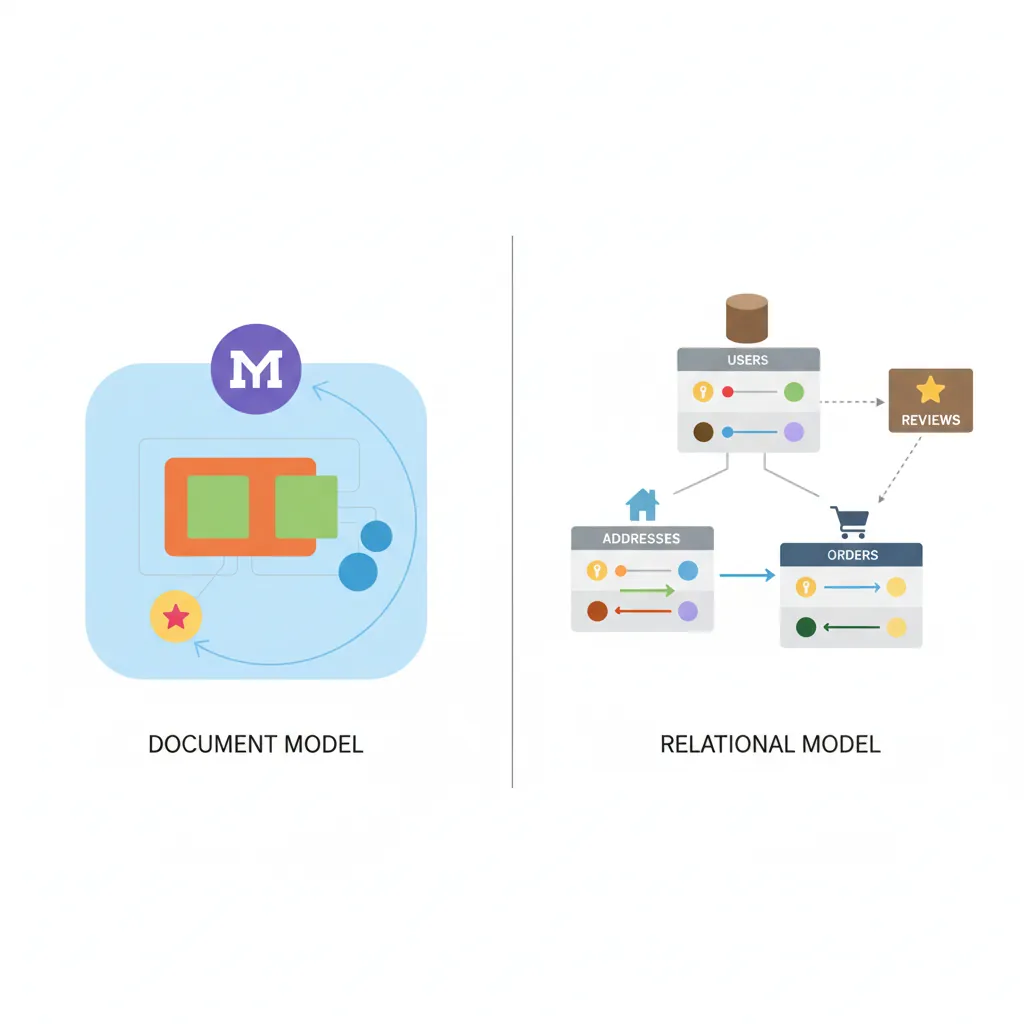 MongoDB document model compared to relational tables showing nested objects and flexible schema