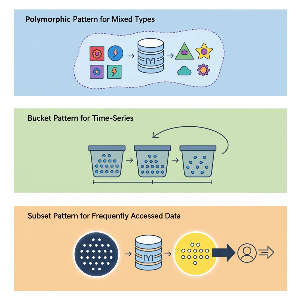 MongoDB schema design patterns including polymorphic, bucket, subset, and computed patterns