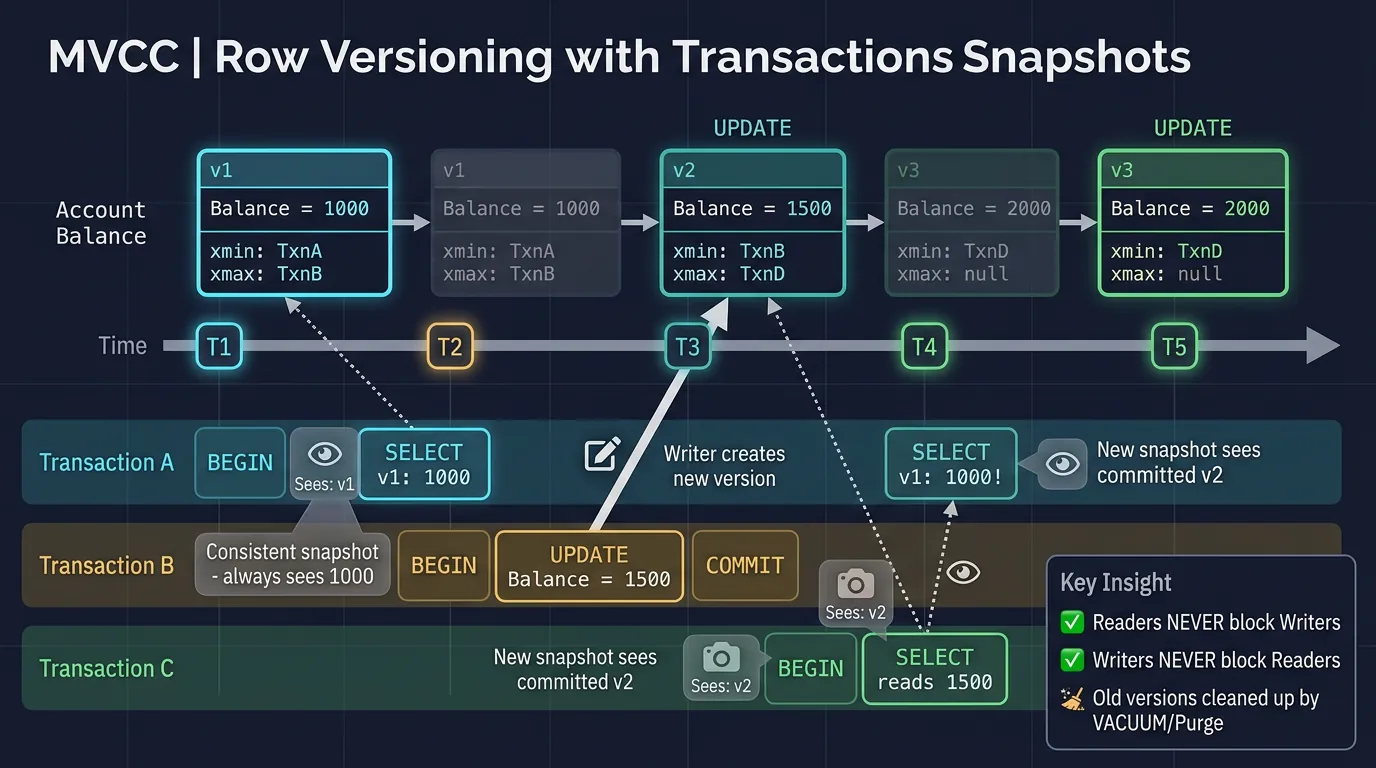 Timeline diagram showing MVCC row versioning with transaction snapshots reading different versions simultaneously