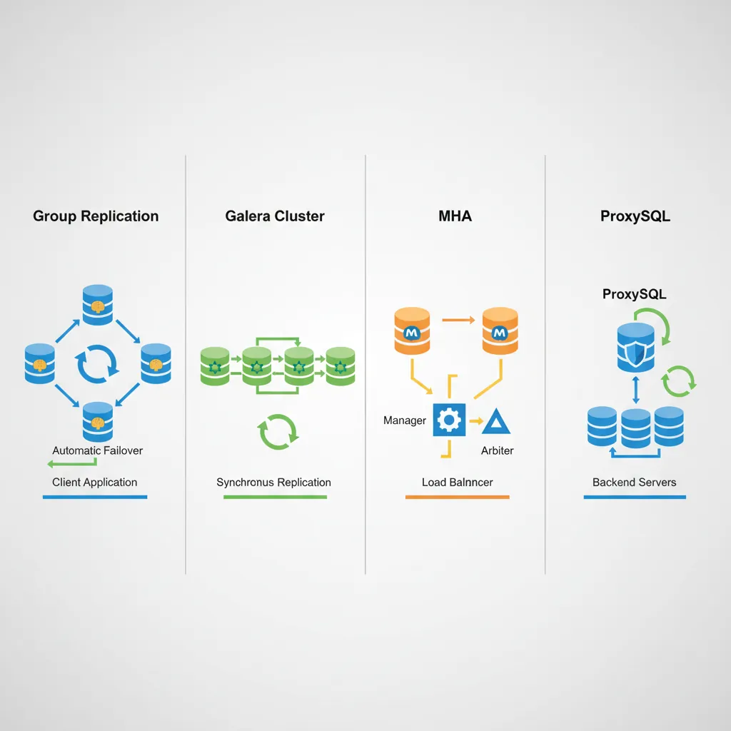 MySQL high availability topologies including Group Replication, Galera Cluster, and ProxySQL failover