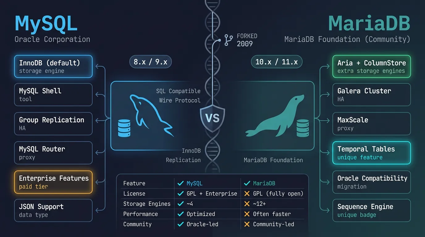 MySQL versus MariaDB feature comparison showing compatibility, performance, and unique capabilities