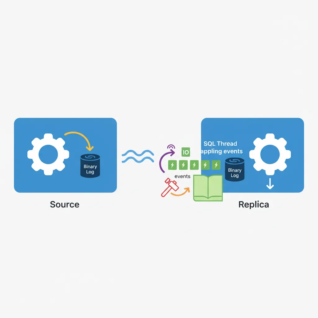 MySQL master-replica replication data flow showing binary log, relay log, and IO/SQL threads