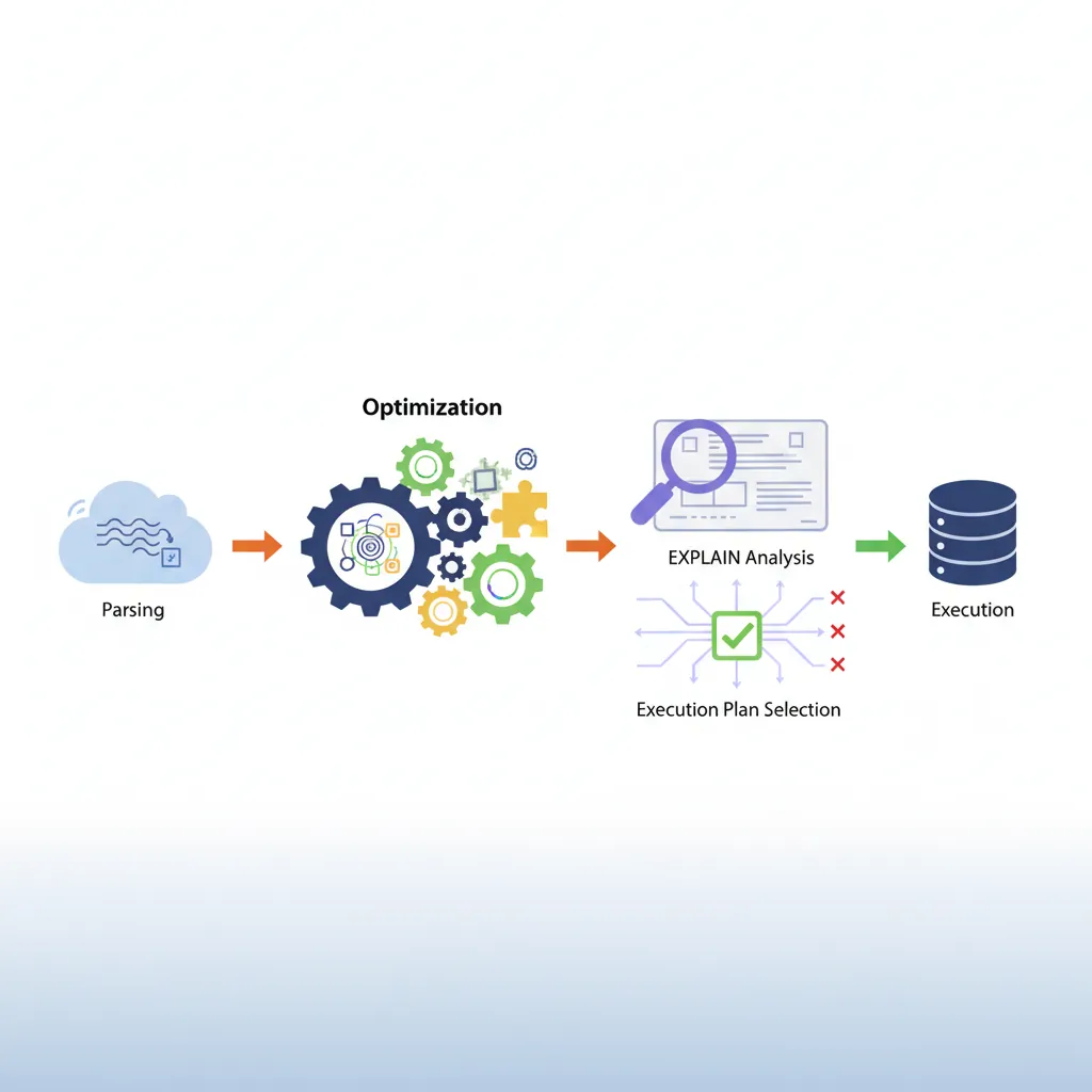 MySQL query execution plan flow showing optimizer decisions, EXPLAIN output, and index selection
