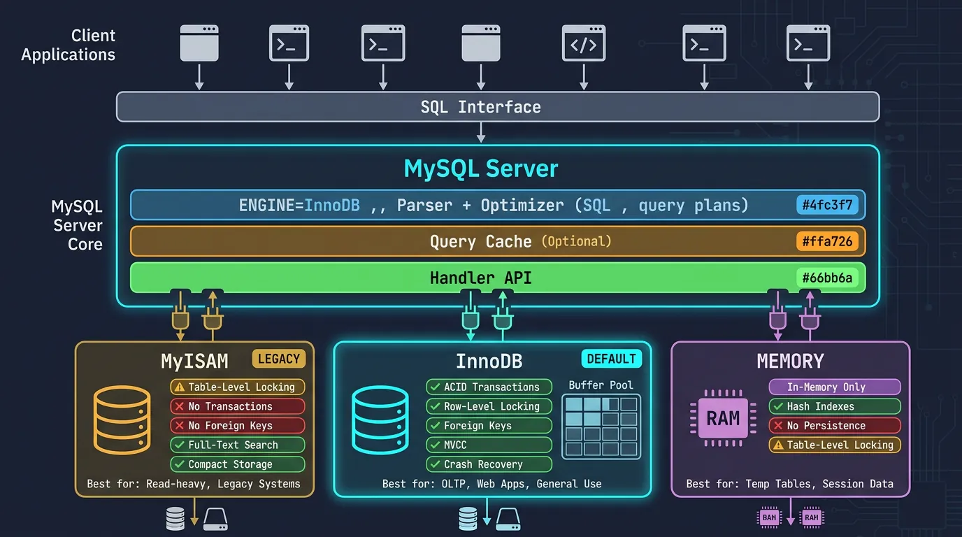 MySQL pluggable storage engine architecture showing InnoDB, MyISAM, and Memory engines
