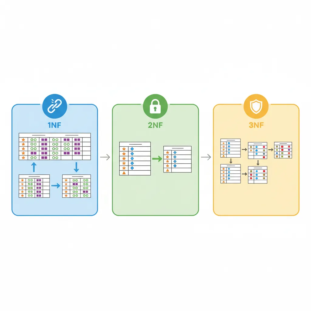 Step-by-step normalization process from unnormalized data through 1NF, 2NF, and 3NF