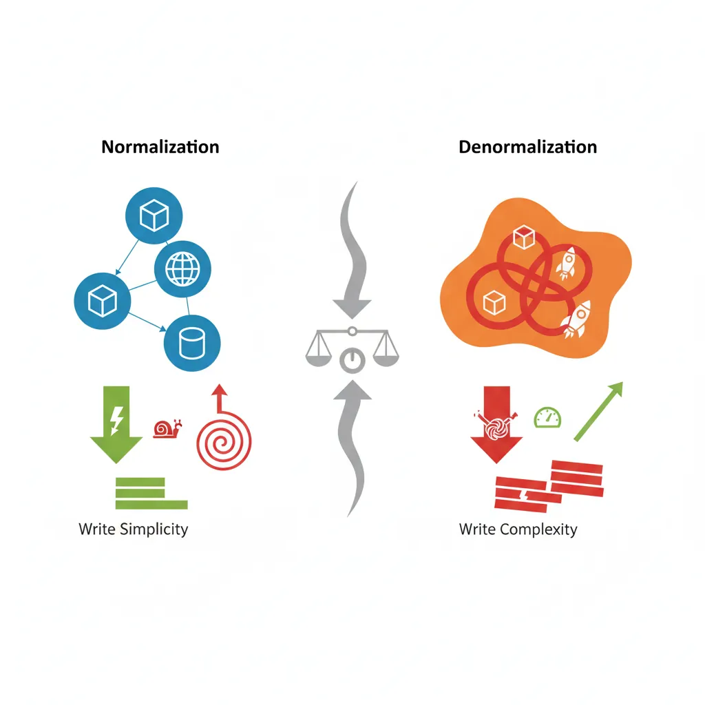 Tradeoff diagram comparing normalized vs denormalized schema designs for read and write performance