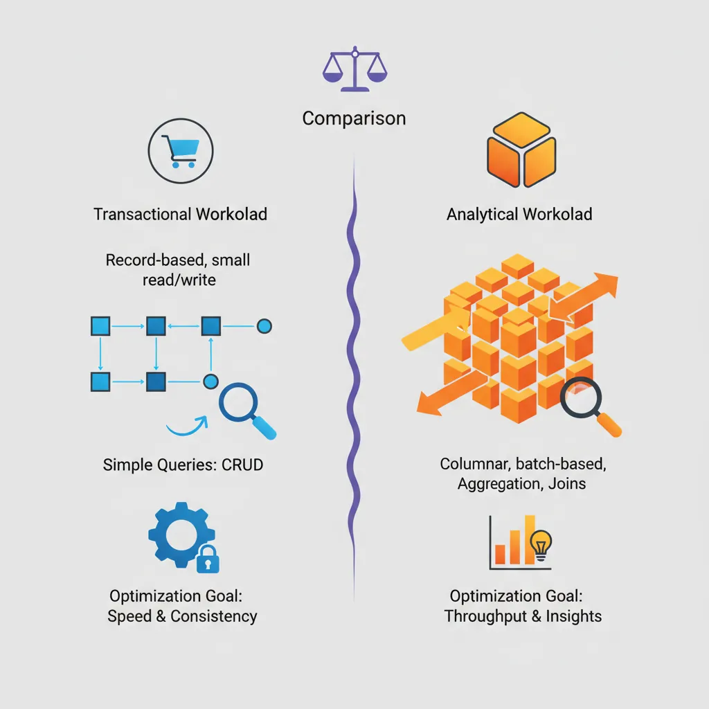 OLTP versus OLAP workload comparison showing transactional vs analytical database patterns