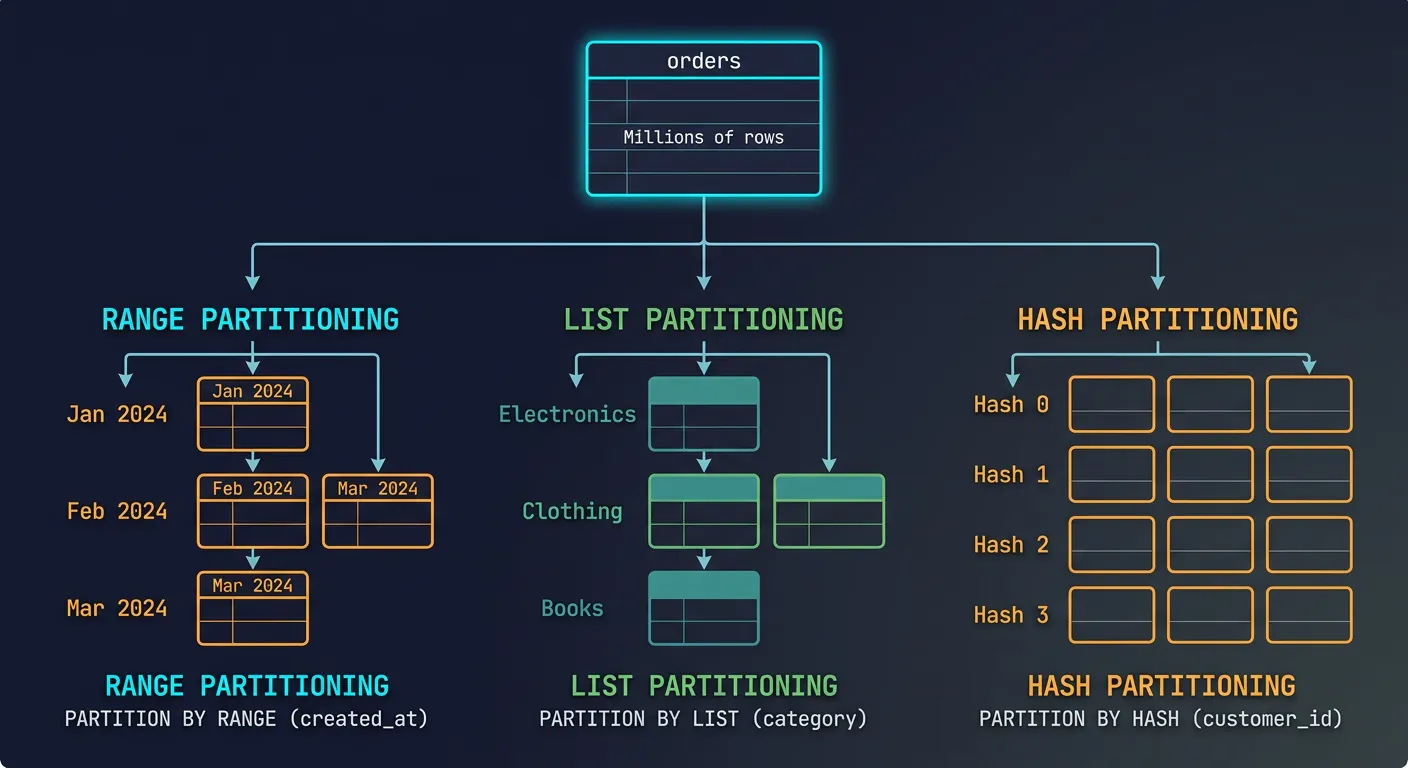 Diagram showing range, list, and hash partitioning strategies splitting a large table into smaller segments