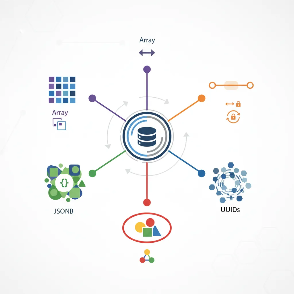 Comparison of PostgreSQL advanced data types including arrays, JSONB, ranges, and UUIDs