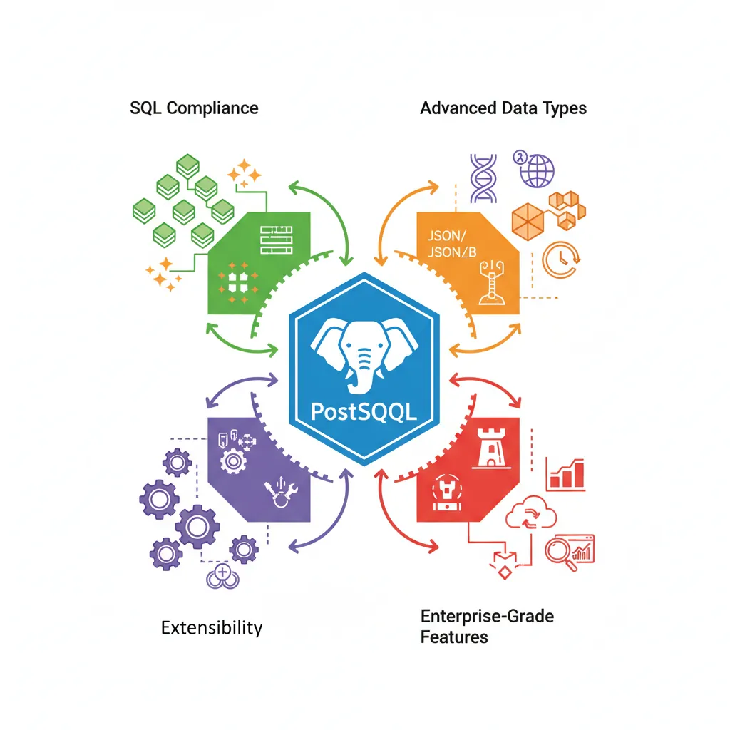 PostgreSQL ecosystem and feature overview showing SQL compliance, extensibility, and advanced capabilities