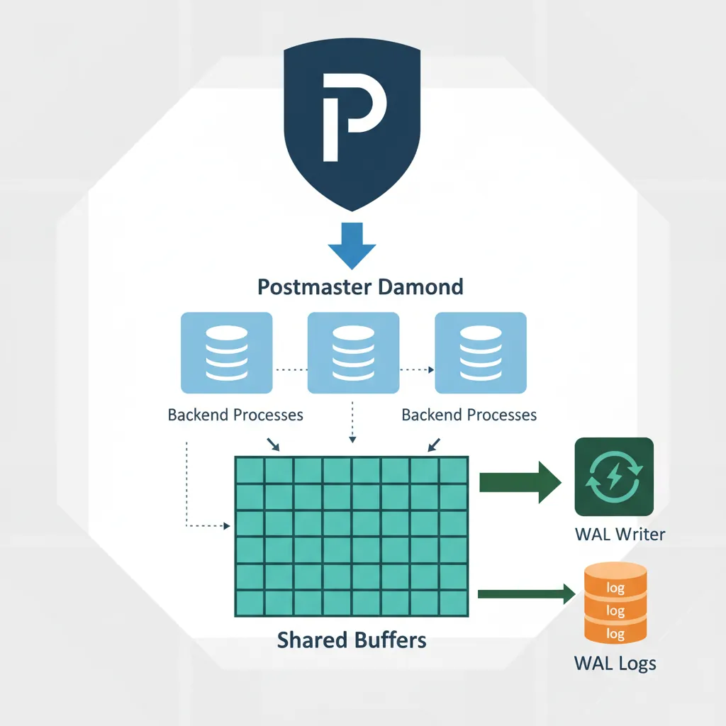 PostgreSQL process architecture diagram showing postmaster, backend processes, shared memory, and WAL