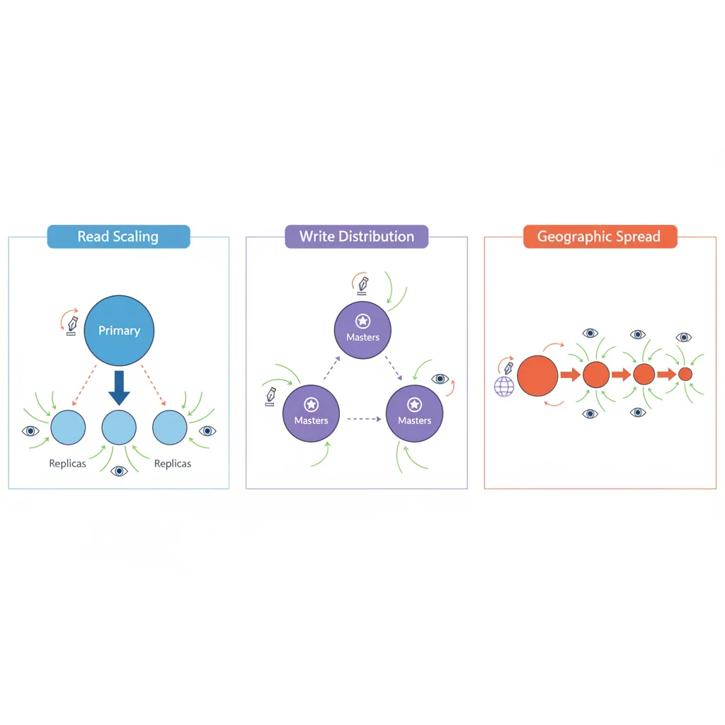 Database replication topologies showing primary-replica, multi-master, and chain replication patterns