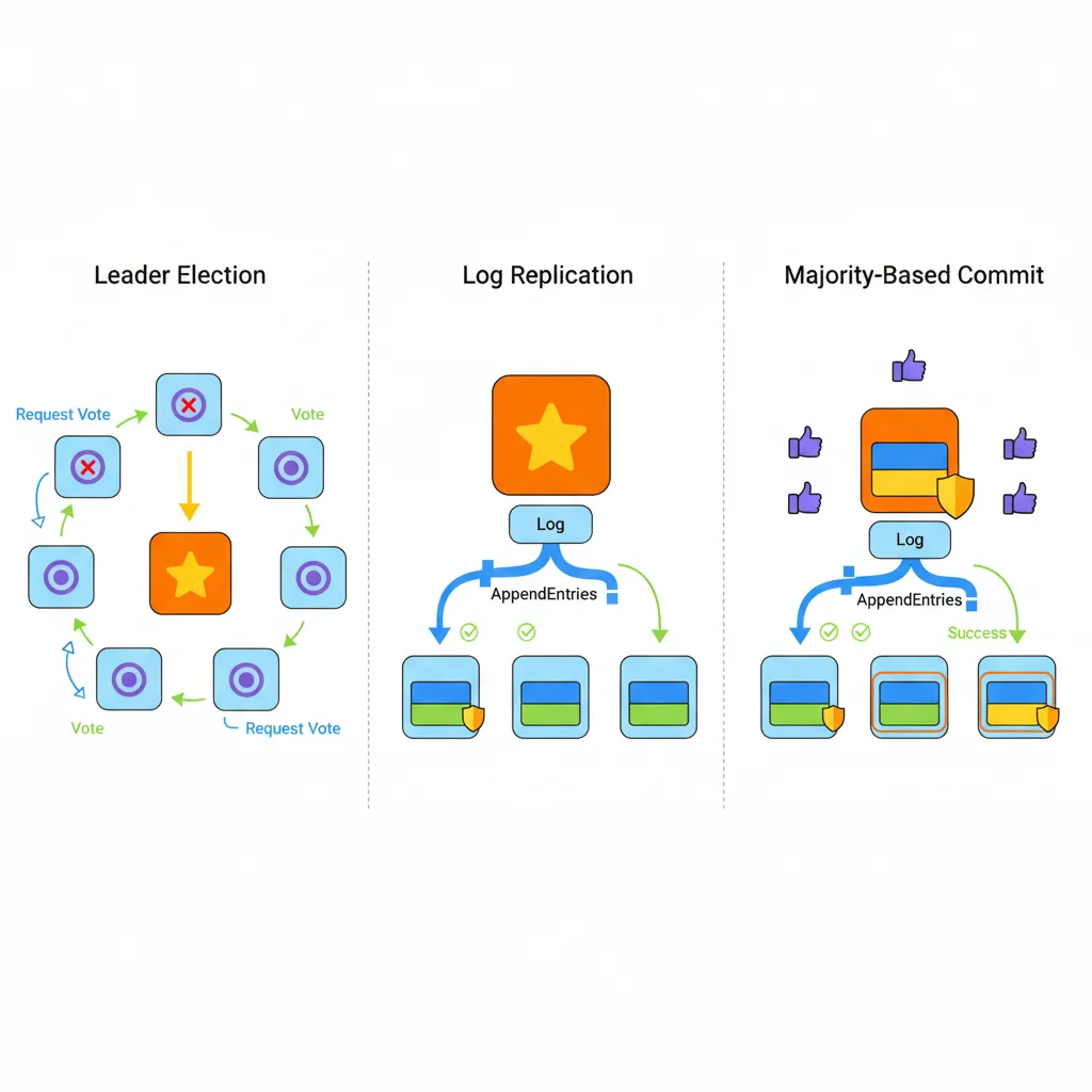 Raft consensus algorithm flow showing leader election, log replication, and commit phases