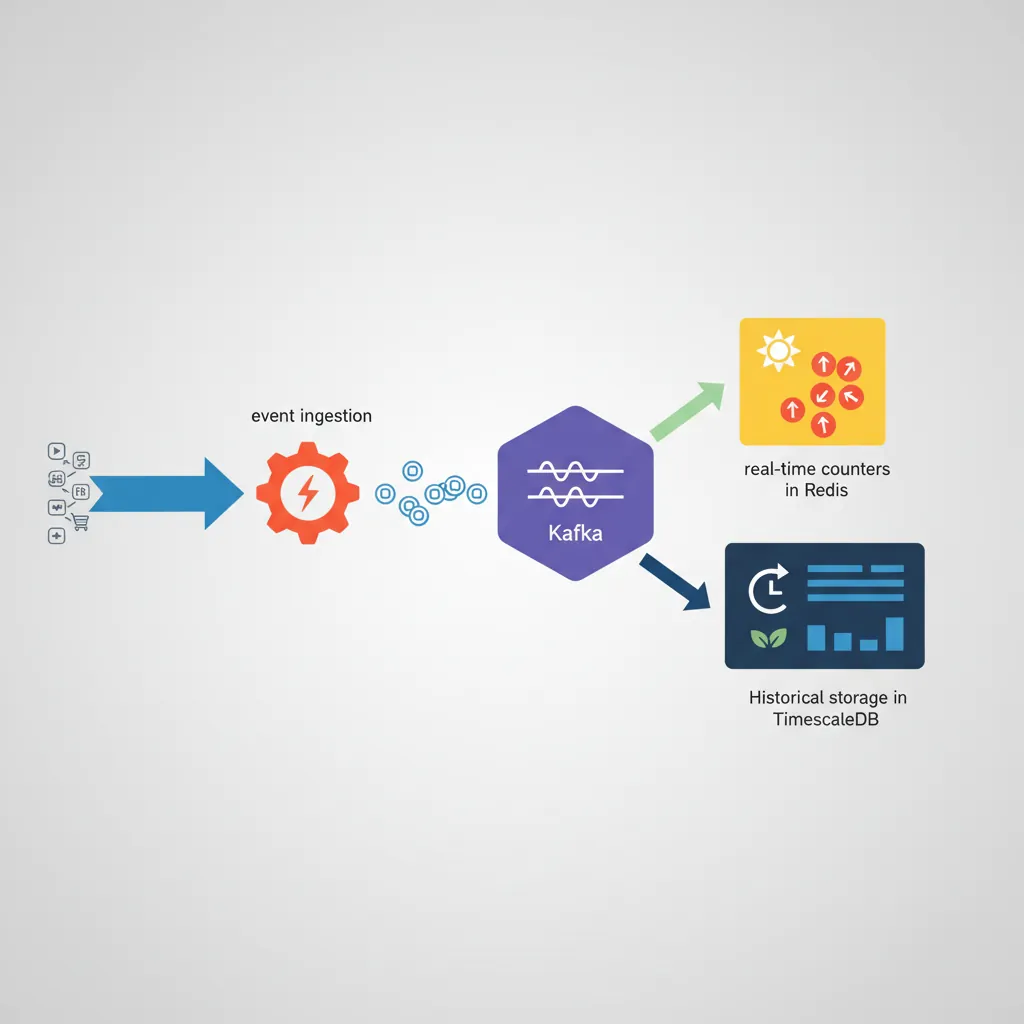 Real-time analytics pipeline architecture with Kafka, Redis, TimescaleDB, and dashboard