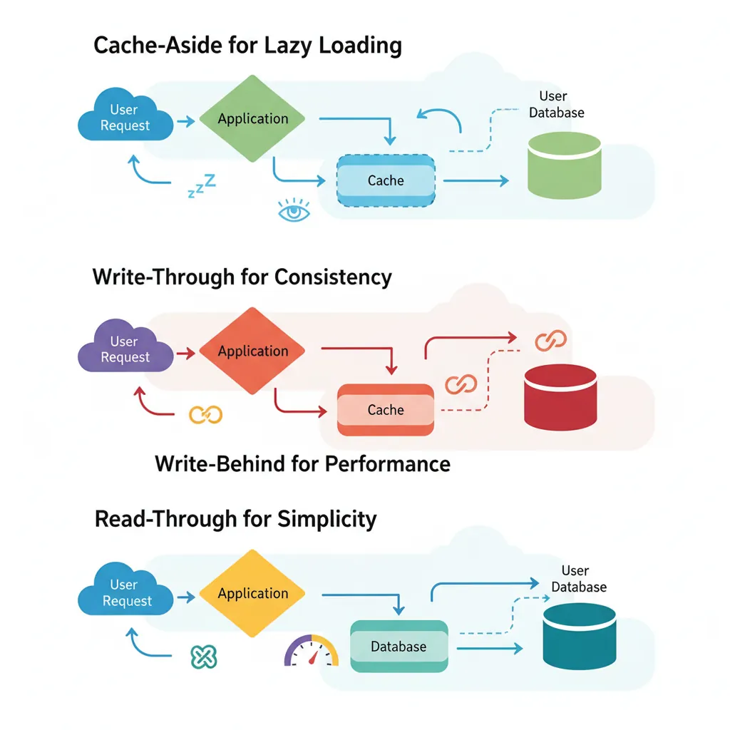 Caching pattern comparison showing Cache-Aside, Write-Through, Write-Behind, and Read-Through strategies