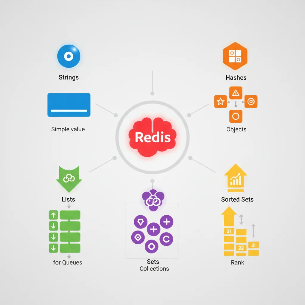 Redis data structure types diagram showing Strings, Hashes, Lists, Sets, Sorted Sets, and Streams