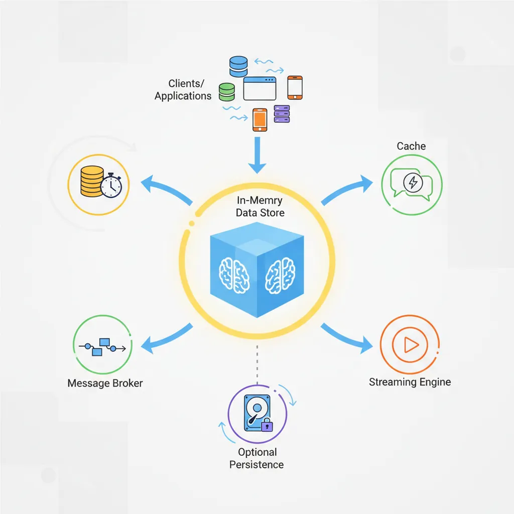 Redis in-memory architecture overview showing data structures, caching layer, pub/sub, and persistence
