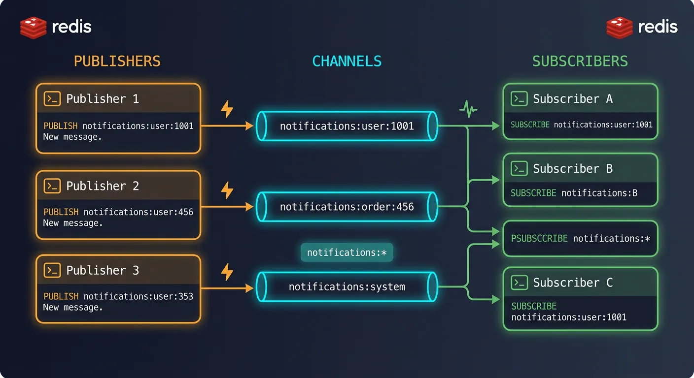 Redis Pub/Sub messaging model showing publishers, channels, and subscribers with pattern matching