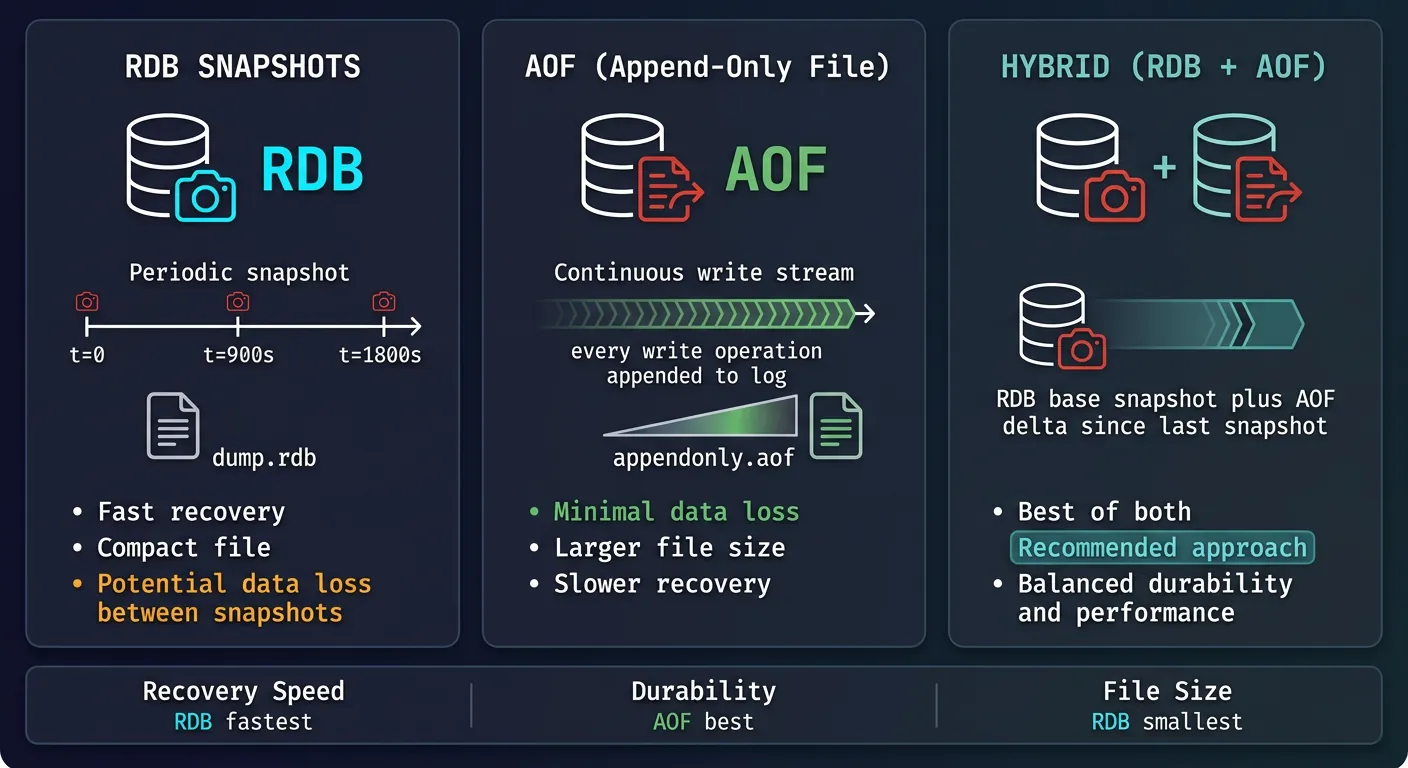 Redis persistence options comparing RDB snapshots and AOF append-only file with hybrid approach