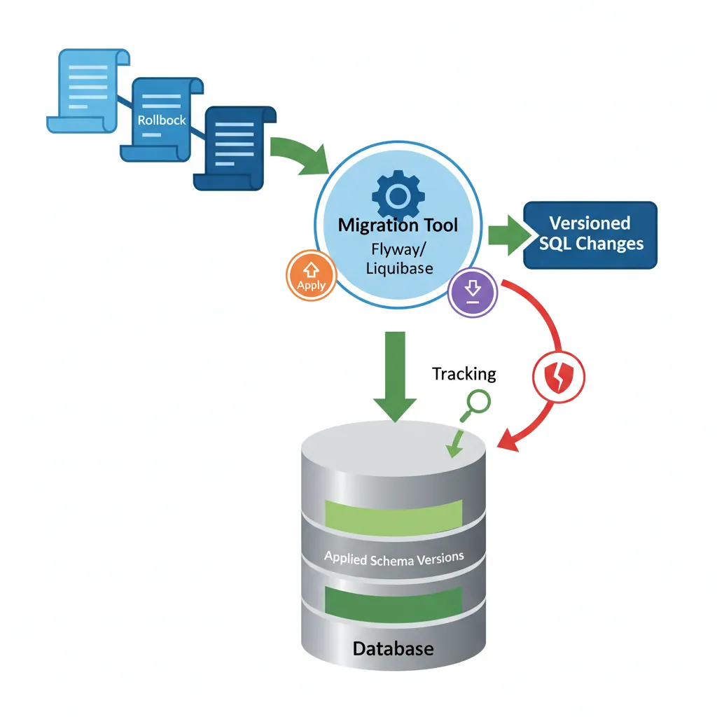 Schema migration workflow showing versioned changes with rollback support
