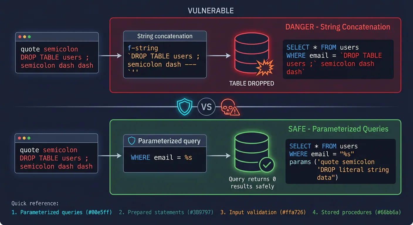 SQL injection attack vector and prevention flow using parameterized queries