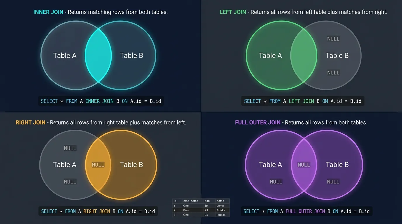 Venn diagram illustrating INNER JOIN, LEFT JOIN, RIGHT JOIN, and FULL OUTER JOIN