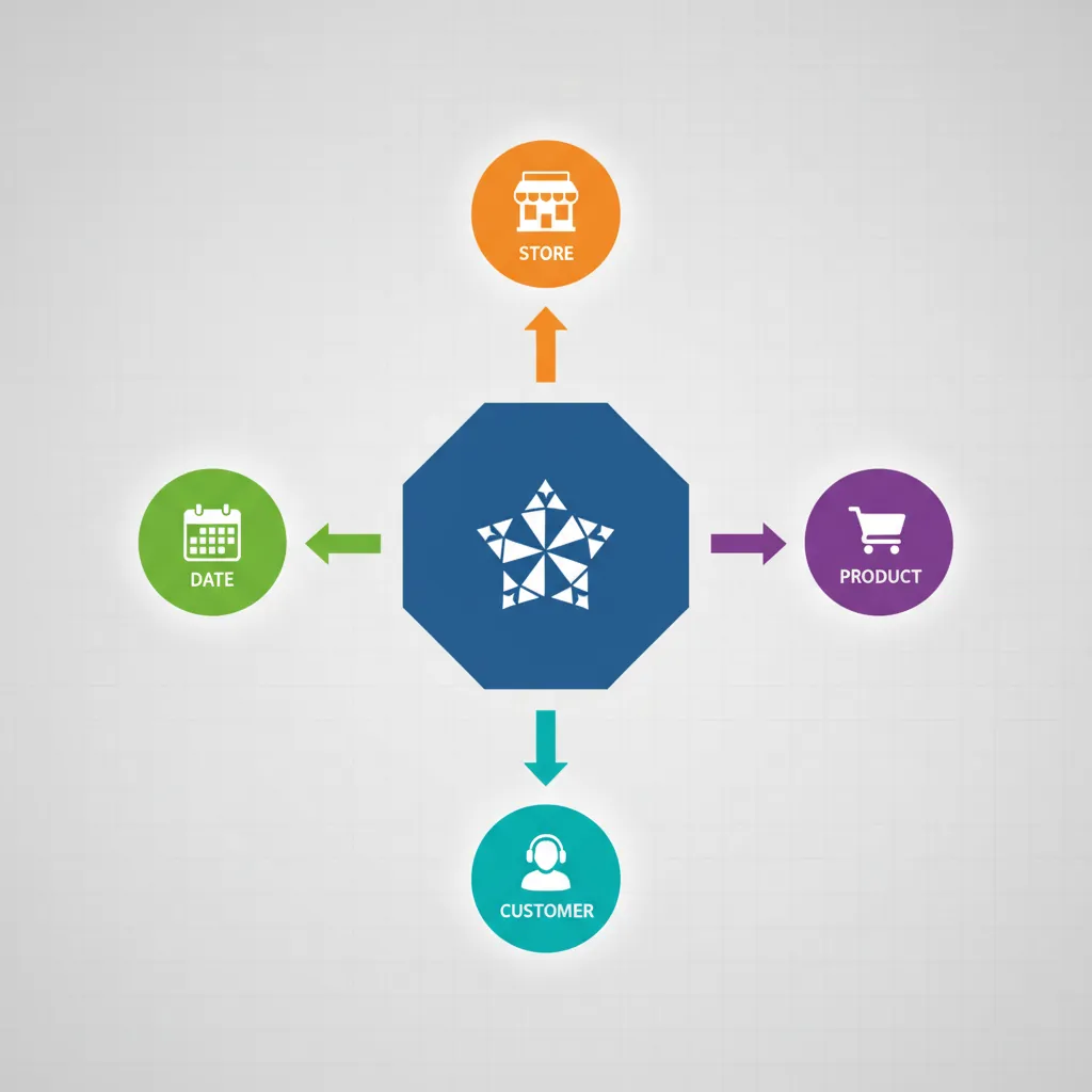 Star schema dimensional model with central fact table and surrounding dimension tables
