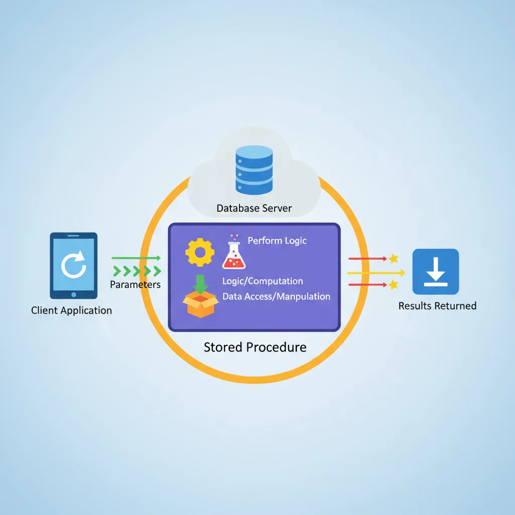 Architecture diagram showing stored procedures and functions executing inside the database server with parameterized inputs and outputs