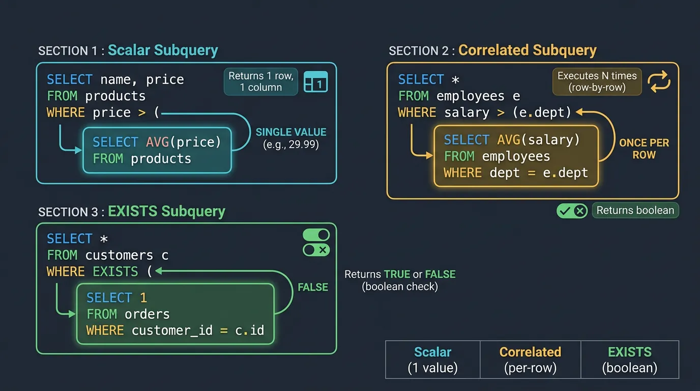 Diagram showing subquery nesting: scalar, correlated, and EXISTS subqueries within outer queries