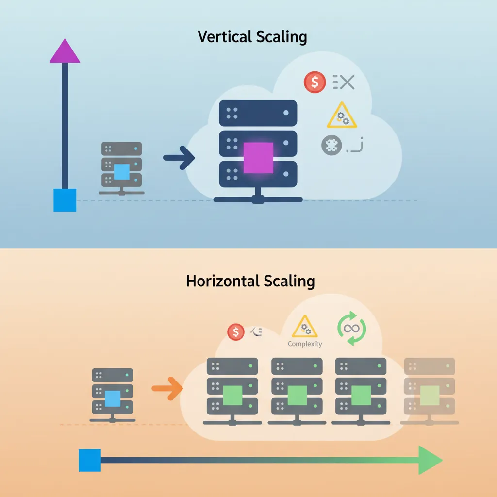 Vertical scaling versus horizontal scaling comparison showing single server upgrade vs distributed cluster